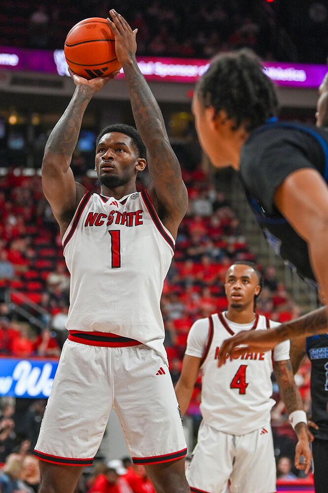 Senior forward Brandon Huntley-Hatfield shoots a free throw during the game against Presbyterian at the Lenovo Center on Friday, Nov. 8, 2024. Huntley-Hatfield had six rebounds and scored 11 points. NC State beat Presbyterian 81-72.