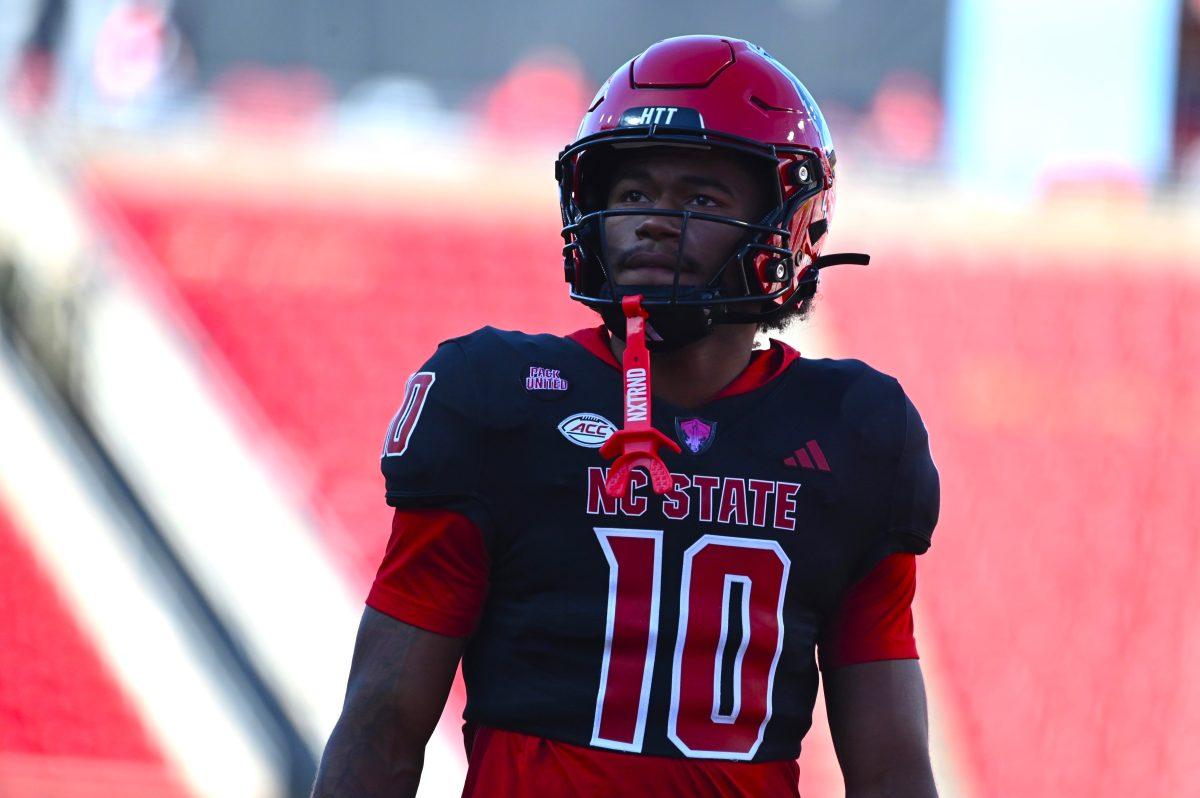 Sophomore wide receiver Kevin Concepcion looks into the crowd before the football game against Duke at Carter-Finley Stadium on Saturday, Nov. 9, 2024. The Wolfpack lost to the Blue Devils 29-19.