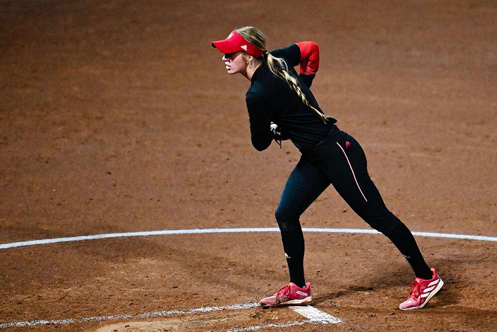 Junior pitcher Madison Inscoe winds up to deliver a pitch during the Wolfpack's fall game against Barton College at Dail Softball Stadium on Friday, Nov. 15, 2024. Since this was a fall game, no score was kept.