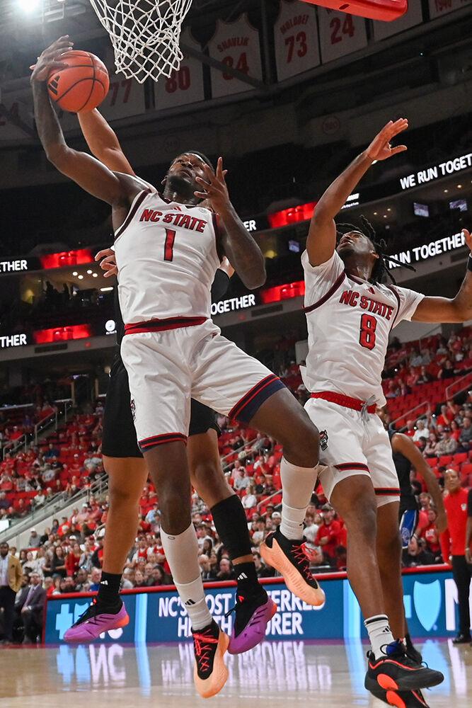 Senior forward Brandon Huntley-Hatfield shoots the ball during the game against Presbyterian in the Lenovo Center on Friday, Nov. 8, 2024. Huntley-Hatfield had six rebounds and scored 11 points. NC State beat Presbyterian 81-72.
