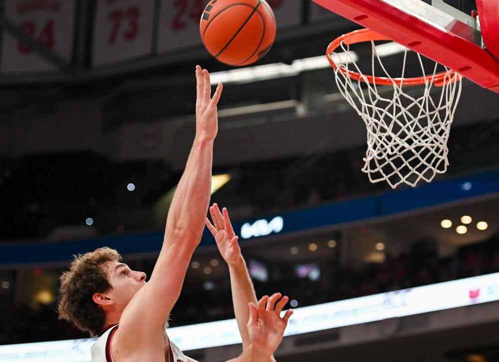 Senior forward Ben Middlebrooks attempts a layup during the game against William &amp; Mary at the Lenovo Center on Friday, Nov. 22, 2024. NC State beat William &amp; Mary 84-61.