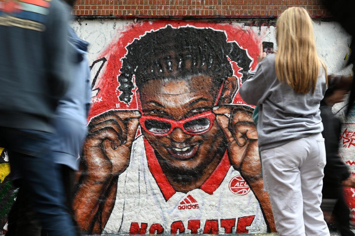A mural of men's basketball graduate forward DJ Burns, painted by local artist Sean Kernick, at the Free Expression Tunnel on Thursday, April 4, 2024. The mural is based on a portrait by Kaitlin McKeown, photojournalist for The News &amp; Observer.