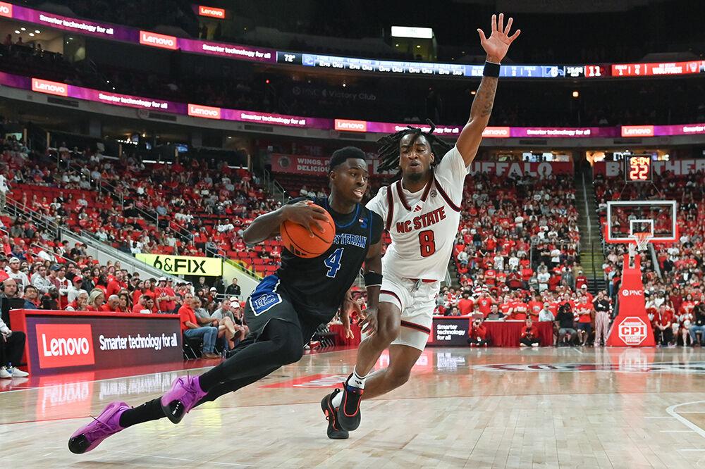 Senior guard Jayden Taylor guards an opponent during the game against Presbyterian at the Lenovo Center on Friday, Nov. 8, 2024. Jayden had one rebound and scored 19 points. NC State beat Presbyterian 81-72.