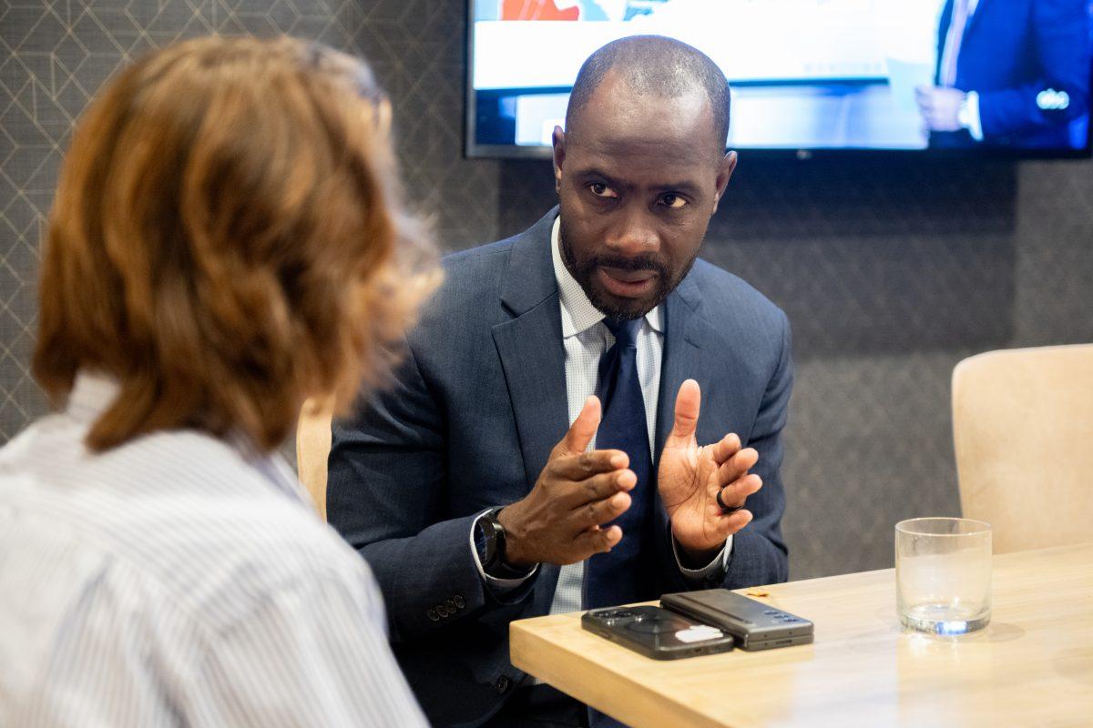 Raleigh mayoral candidate Terrence Ruth speaks to reporter during his watch party at the Westin Raleigh-Durham on Tuesday Nov. 5, 2024. Ruth lost the Raleigh mayoral election to Janet Cowell.