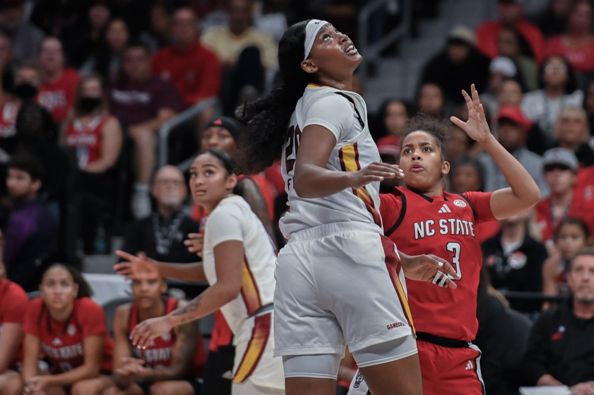 Freshman guard Zamareya Jones makes a shot on the basket during the game against South Carolina on Nov. 10, 2024. The Wolfpack faced the Gamecocks at the Spectrum Center in Charlotte as part of the 2024 Ally Tipoff. NC State lost to South Carolina 77-57.