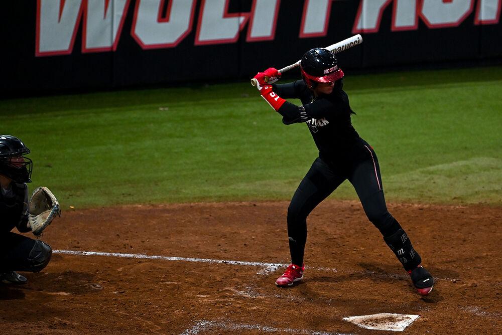 Junior outfielder Bailey Edwards gets set to recieve a pitch during the Wolfpack's fall game against Barton College at Dail Softball Stadium on Friday, Nov. 15, 2024. Since this was a fall game, no score was kept.