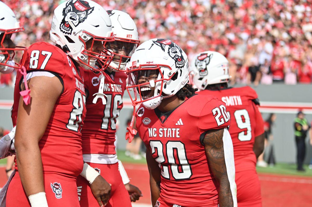 Redshirt freshman running back Hollywood Smothers celebrates a touch down during NC State's game against Stanford in Carter-Finley Stadium on Saturday, Nov. 2, 2024. Smothers finished the game with 100 yards and two touchdowns on 16 attempts. The Wolfpack beat the Cardinal 59-28.