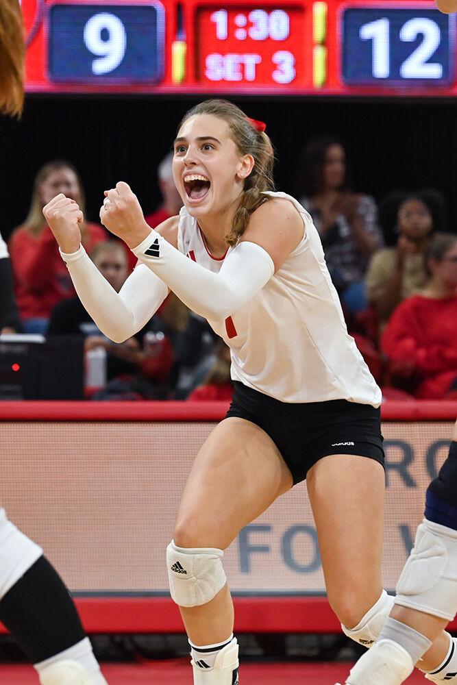 Junior outside hitter Ava Brizard celebrates a win during the match against Wake Forest in Reynolds Coliseum on Wednesday, Nov. 13, 2024. Brizard earned 10 points during the match. NC State beat Wake Forest 3-0.