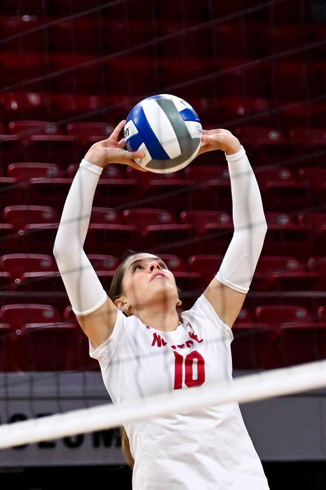 Redshirt freshman setter Kate Peterson sets the ball during the match against Wake Forest in Reynolds Coliseum on Wednesday, Nov. 13, 2024. Peterson supported the Wolfpack with 10 assists. NC State won all three sets against Wake Forest.