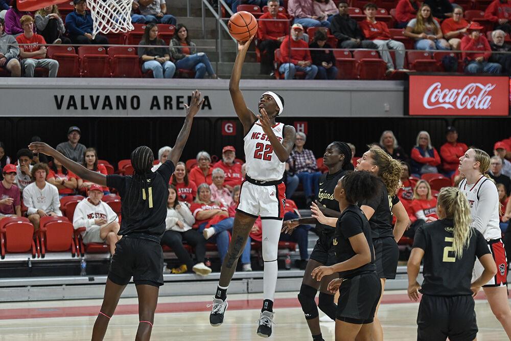 Senior guard Saniya Rivers shoots the ball during the exhibition game against Anderson in Reynolds Coliseum on Tuesday, Oct. 29, 2024. Rivers had ten rebounds and scored 14 points. The Wolfpack beat the Trojans 91-54.