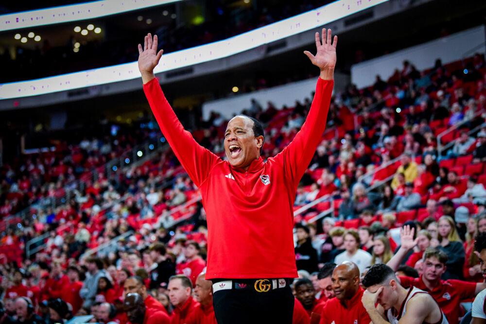 Head coach Kevin Keatts yells at forward Ben Middlebrooks to stay upright on defense during the game against William &amp; Mary in Lenovo Center on Friday, Nov. 22, 2024. The Wolfpack defeated the Tribe 81-58.