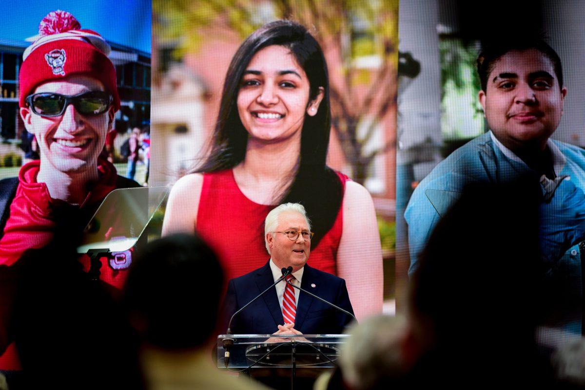 Chancellor Randy Woodson gives his fall address in front of student portraits at Talley Student Union on Wednesday, Oct. 30, 2024. During the speech, Woodson recapped the highlights from another year at NC State &#8212; including student and faculty accolades, research and partnership success, athletics triumphs and the university&#8217;s highest-ever position in the annual U.S. News &amp; World Report rankings. The speech also celebrated the growth and transformation Woodson has witnessed across campus since he first came to NC State in April 2010.