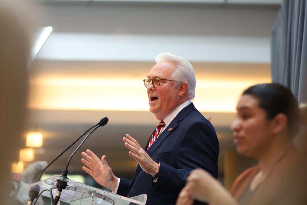 Chancellor Randy Woodson speaks to the audience during the Chancellor's Fall Address at Talley Student Union on Wednesday, Oct. 30, 2024. This speech was Randy's final Fall Address before his retirement after 14 years as chancellor at NC State.