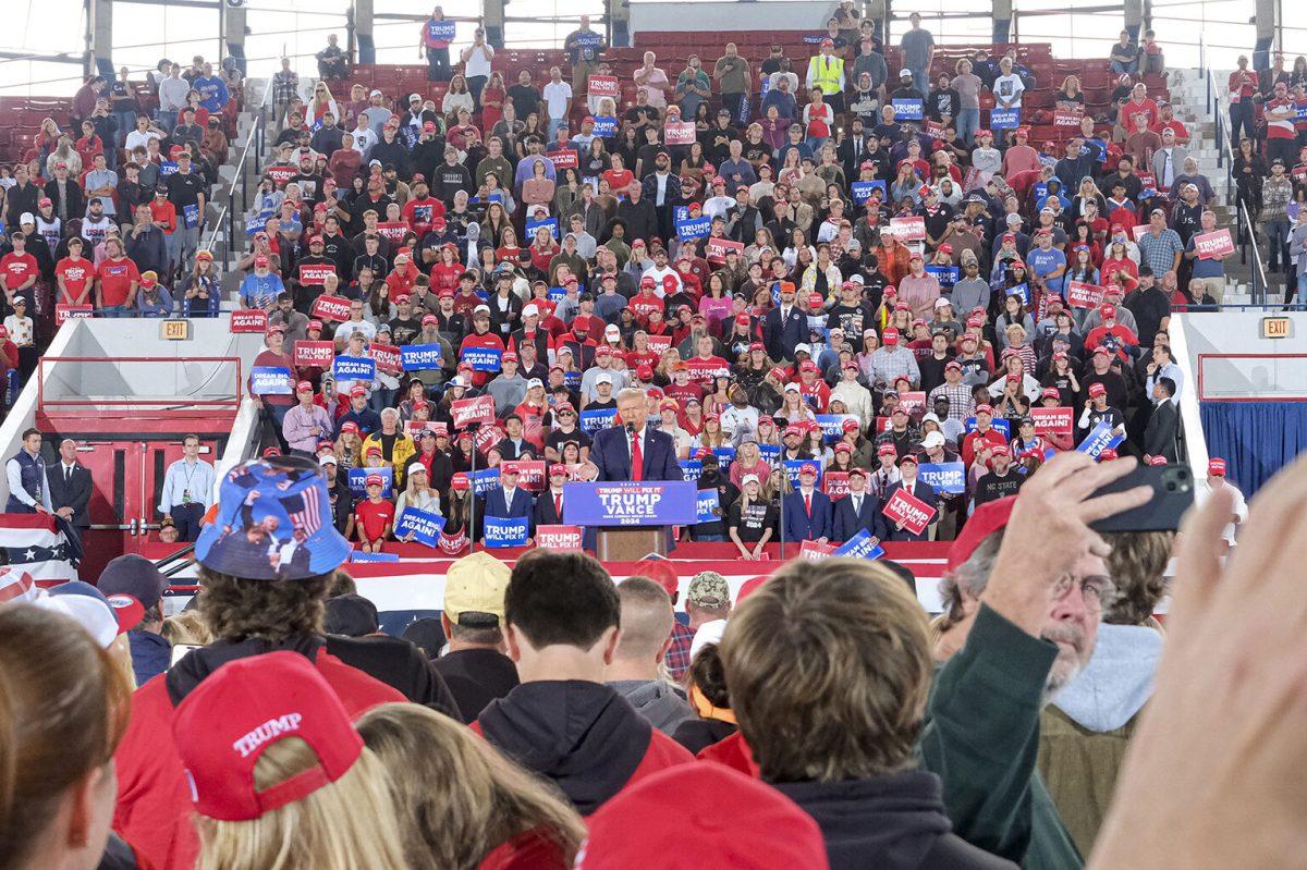 Former President Donald Trump speaks to crowd at his rally at J.S. Dorton Arena on Monday, Nov. 4, 2024. This was one of four rallies Trump spoke at Monday.