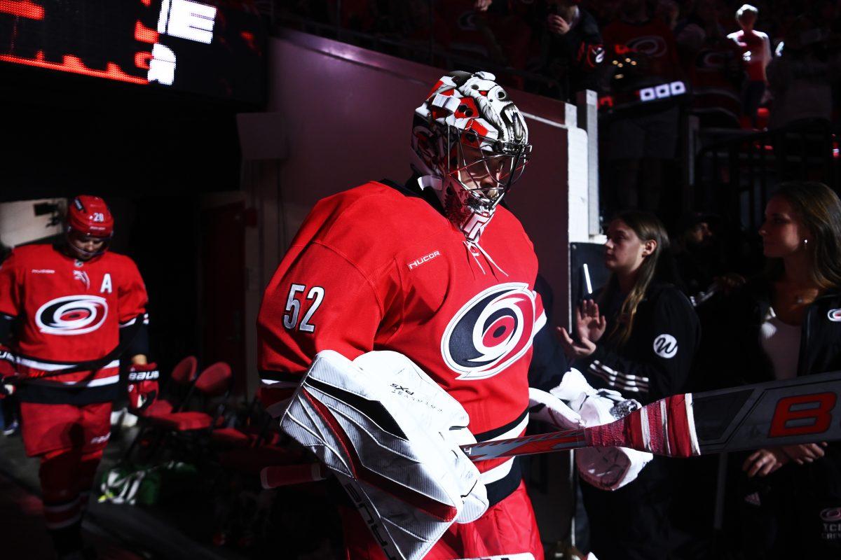 Goalie Pyotr Kochetkov walks onto the ice during the game versus the Pittsburgh Penguins at Lenovo Center on Thursday, Nov. 7, 2024. The Hurricanes beat the Penguins 5-1.