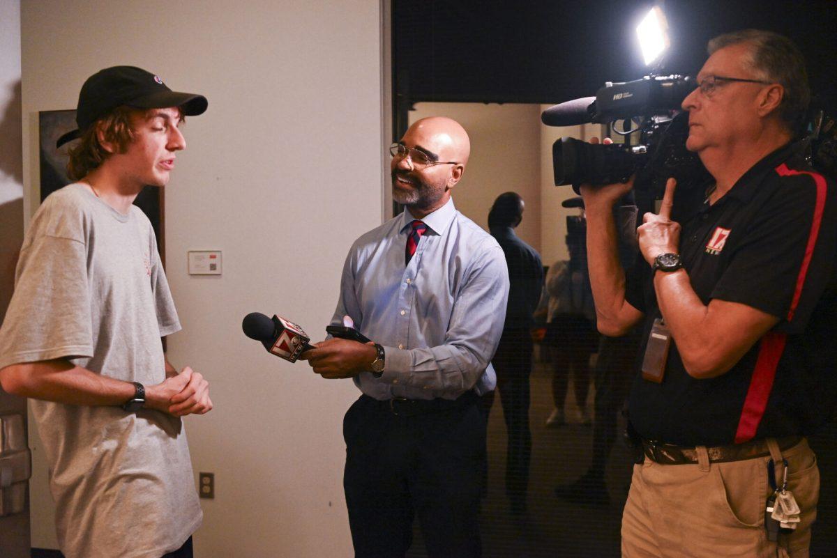 Beck Whitehead, a second-year studying political science and co-president of NCSU democrats interviews with CBS 17 at the NCSU Democrats election night watch party in Talley Student Union on Tuesday, Nov. 5. 2024. This event was hosted by NCSU democrats to disscuss the election results as they unfolded.