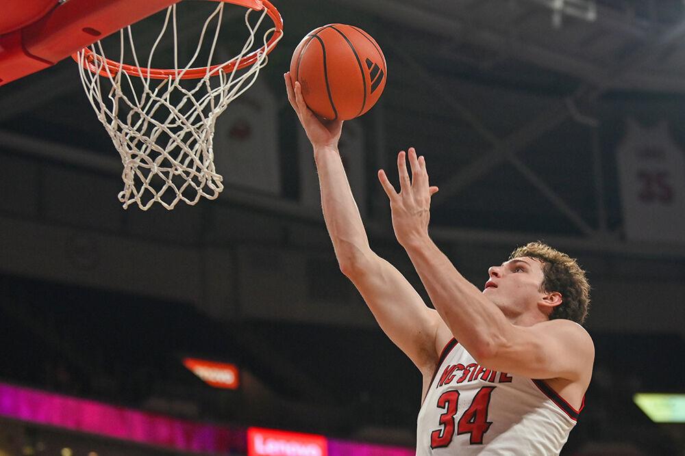 Senior forward Ben Middlebrooks shoots a basket during the game against Presbyterian at the Lenovo Center on Friday, Nov. 8, 2024. Middlebrooks had one rebound and scored 16 points. NC State beat Presbyterian 81-72.