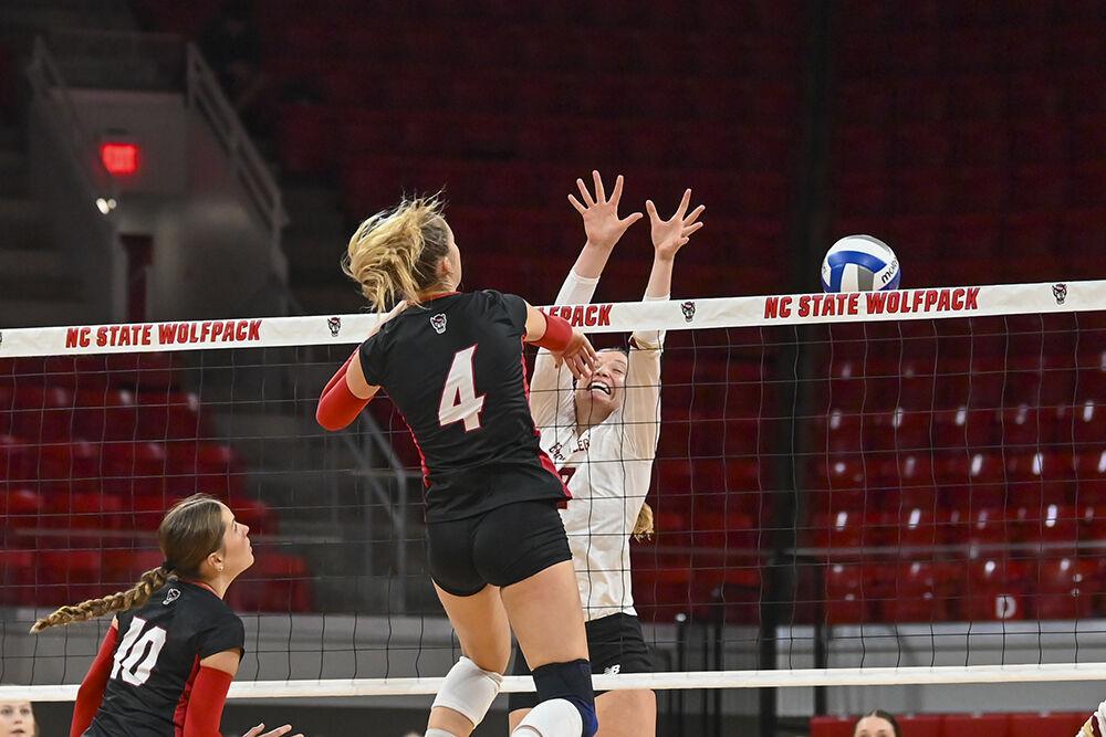 Junior middle blocker Sophie Groom attacks the ball during the match against Boston College in Reynolds Coliseum on Sunday, Nov. 3, 2024. Groom attempted 13 total attacks during the match. NC State lost to Boston College 3-0.