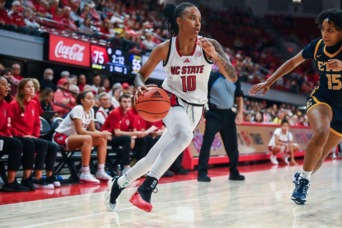 Senior guard Aziaha James drives towards the basket during the game against East Tennessee State in Reynolds Coliseum on Tuesday, November 5, 2024. The wolfpack won against buccaneers 80-55. James finished with 17 points.