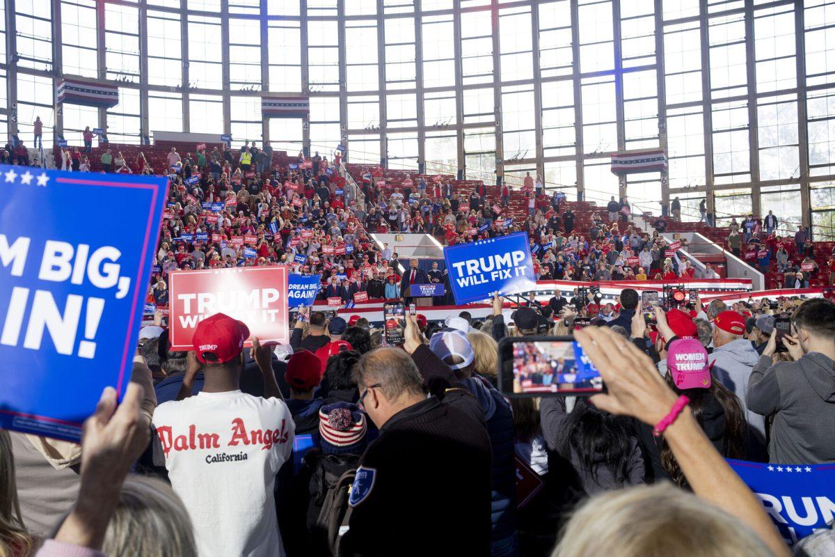 Former president Donald Trump speaks to an enthusiastic crowd at his rally at Dorton Arena on Monday, Nov. 4, 2024. The former president petitioned the crowd to go vote on Tuesday and to bring their friends to vote.