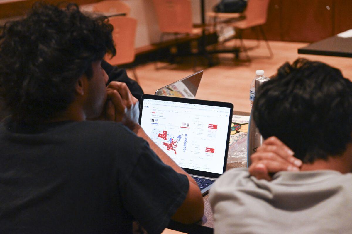 Students watch live election results at the Bridge NCSU watch party in the Caldwell Hall Lounge on Tuesday, Nov. 5. 2024. This event was hosted by Bridge to discuss the election results as they unfolded.