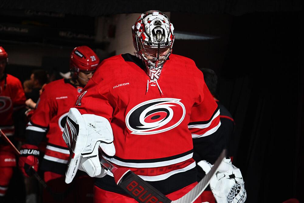 Goalie Pyotr Kochetkov walks onto the ice during the Hurricanes game against&#160;the New Jersey Devils at Lenovo Center on Tuesday, Oct. 15, 2024. The Hurricanes beat the Devils 4-2.