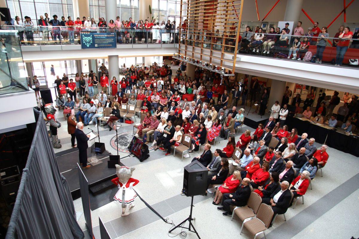 A large audience listens to Chancellor Randy Woodson's Fall Address at Talley Student Union on Wednesday, Oct. 30, 2024. This speech was Randy's final Fall Address before his retirement after 14 years as chancellor at NC State.