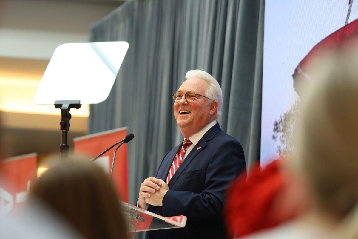 Chancellor Randy Woodson smiles at the crowd during the Chancellor's Fall Address at Talley Student Union on Wednesday, Oct. 30, 2024. This was Randy's final Fall Address before his retirement after 14 years as chancellor at NC State.
