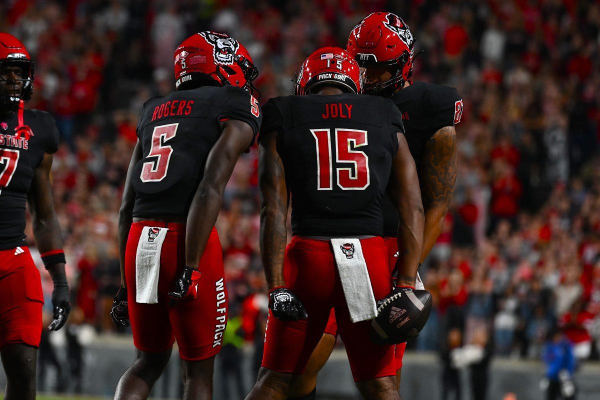 Junior tight end Justin Joly celebrate sthe tough catch during the football game against Duke at Carter-Finley Stadium on Saturday, Nov. 9, 2024. The Wolfpack lost to the Devils 29-19. Joly finished with 52 yards on 4 receptions.