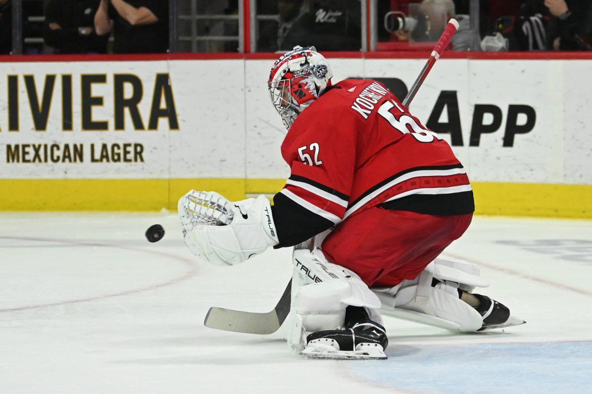 Carolina goaltender Pyotr Kochetkov completes a glove save during the Hurricanes&#8217; home game against the Dallas Stars in PNC Arena on Saturday, Feb. 24, 2024. Kochetkov faced 16 shots and gave up two goals for a .875 SV%. The Stars beat the Canes 2-1.