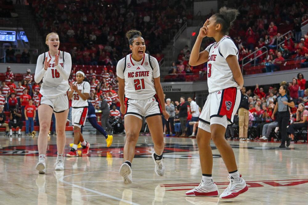 Freshman guard Zamareya Jones (right) celebrates after scoring during the game against Old Dominion in Reynolds Coliseum on Sunday, Dec. 8, 2024. Jones scored 15 points, on top of making four rebounds and three blocks. The Wolfpack beat the Monarchs 86-55.