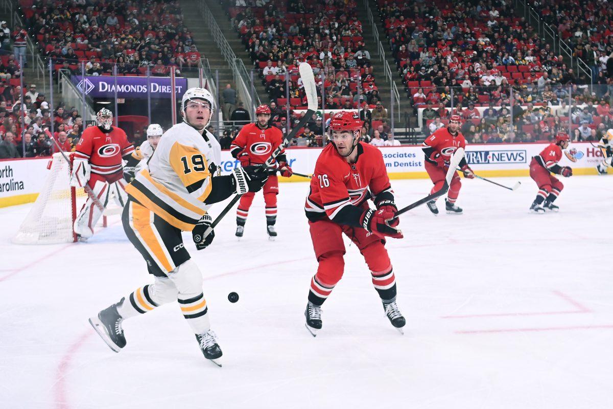 Defenseman Sean Walker watches the puck during the game versus the Pittsburgh Penguins at Lenovo Center on Thursday, Nov. 7, 2024. The Hurricanes beat the Penguins 5-1.
