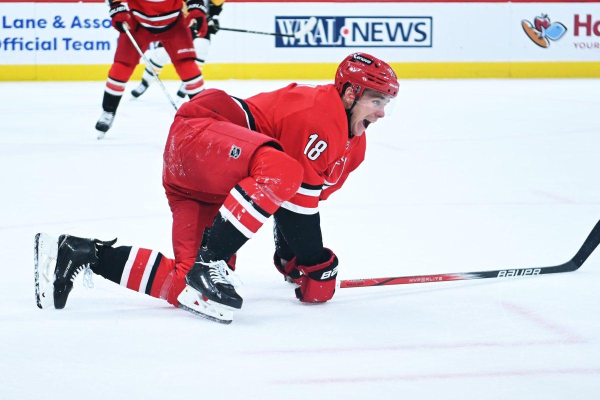 Center Jack Drury gets up after falling during the game versus the Pittsburgh Penguins at Lenovo Center on Thursday, Nov. 7, 2024. The Hurricanes beat the Penguins 5-1.