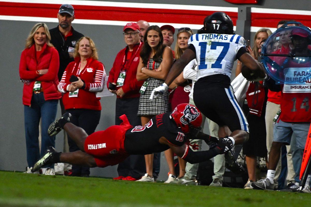 Junior cornerback Devon Marshall misses the tackle during the football game against Duke at Carter-Finley Stadium on Saturday, Nov. 9, 2024. The Wolfpack lost to the Devils 29-19.