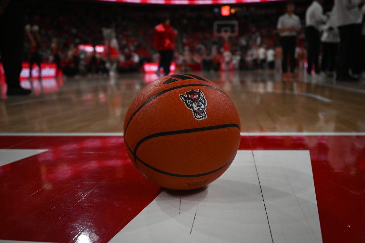 A basketball is left on the endline in a timeout during the Wolfpack's home game against the Texas Longhorns in the Lenovo Center on Wednesday, Dec. 4, 2024. The Longhorns beat the Wolfpack 63-59.