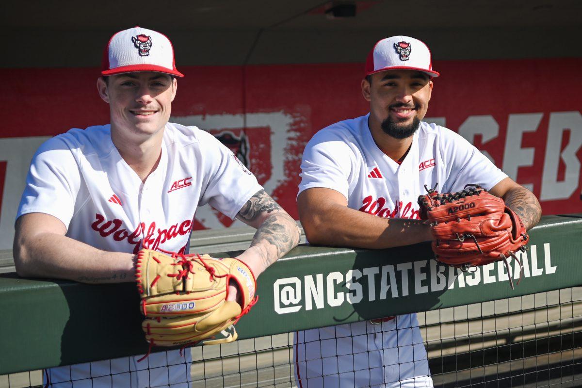 Sophomore pitcher Jacob Dudan (left) and junior pitcher Derrick Smith pose for a photo at Doak Field at Dail park on Friday, Jan. 24, 2025. When discussing playing a similar role on the team Dudan said &#8220;We had a ton of faith in each other last year.&#8221; Dudan and Smith combined for 14 of the team&#8217;s 18 saves in 2024.