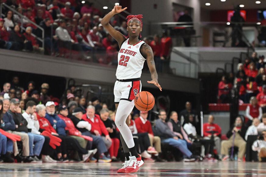 Senior guard Saniya Rivers defends the ball during the match against Pitt in Reynolds Coliseum on Thursday, Jan. 16, 2025. Rivers had four rebounds and scored 15 points. The Wolfpack beat the Panthers 83-67.