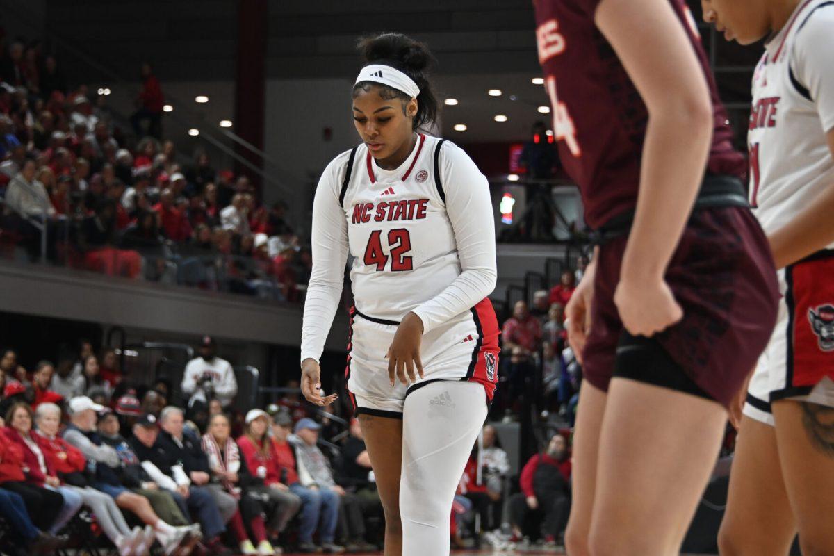 Sophomore center Mallory Collier prepares to shoot a free throw during the match against Virginia Tech in Reynolds Coliseum on Sunday, Jan. 26, 2025. NC State had 42 rebounds total. The Wolfpack beat the Hokies 85-57.