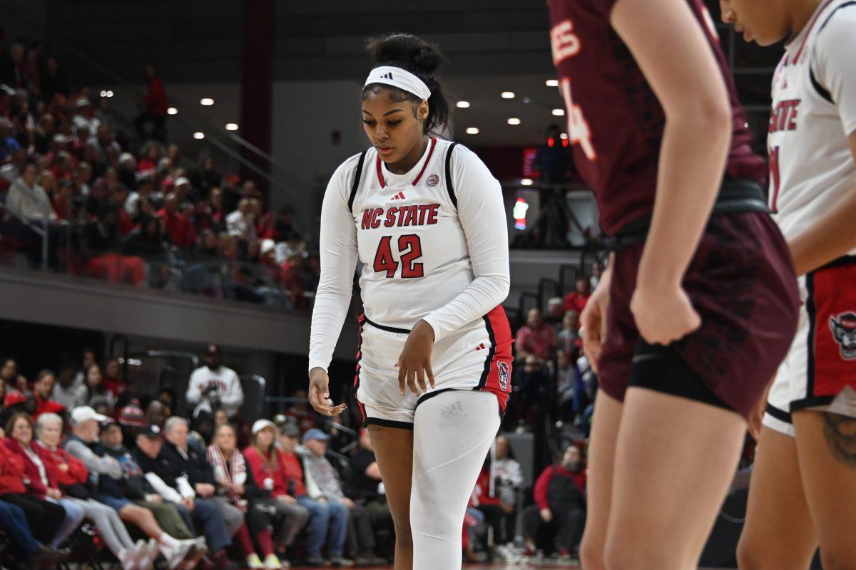 Sophomore center Mallory Collier prepares to shoot a free throw during the match against Virginia Tech in Reynolds Coliseum on Sunday, Jan. 26, 2025. NC State had 42 rebounds total. The Wolfpack beat the Hokies 85-57.