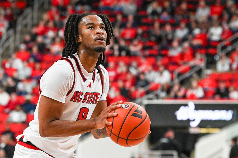 Senior guard Jayden Taylor shoots the ball during the game against California at the Lenovo Center on Saturday, Jan. 18, 2025. Taylor scored 18 points. The Wolfpack fell to the Golden Bears 65-62.
