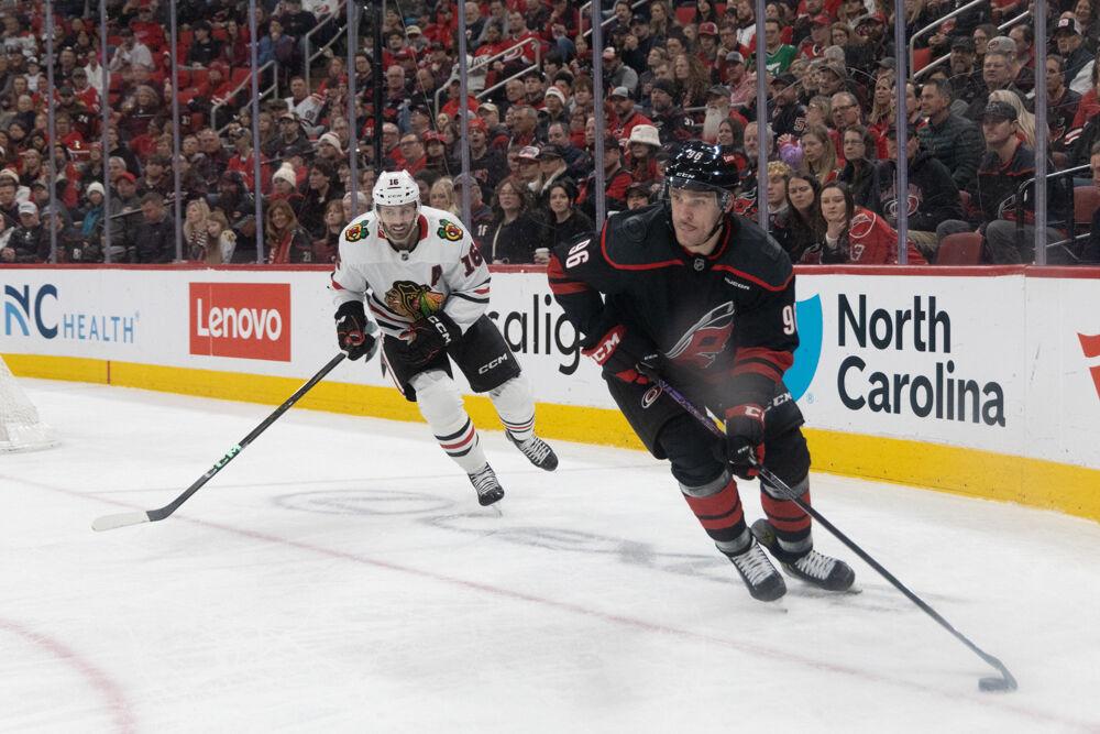 Right Wing Mikko Rantanen looks down ice during the game versus the Chicago Blackhawks at the Lenovo Center on Thursday, Jan 30, 2025. Rantanen had one goal during the game. The Hurricanes beat the Blackhawks 3-2.
