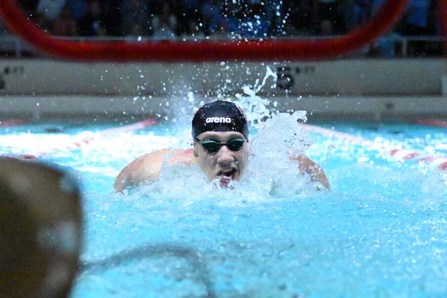 Freshman Nolan Dunkel flies through the water during the swim and dive meet against UNC-Chapel Hill in the Casey Aquatic Center on Friday, Jan. 17, 2025. Dunkel placed fourth in the men's 100 fly. NC State beat UNC 165-134.
