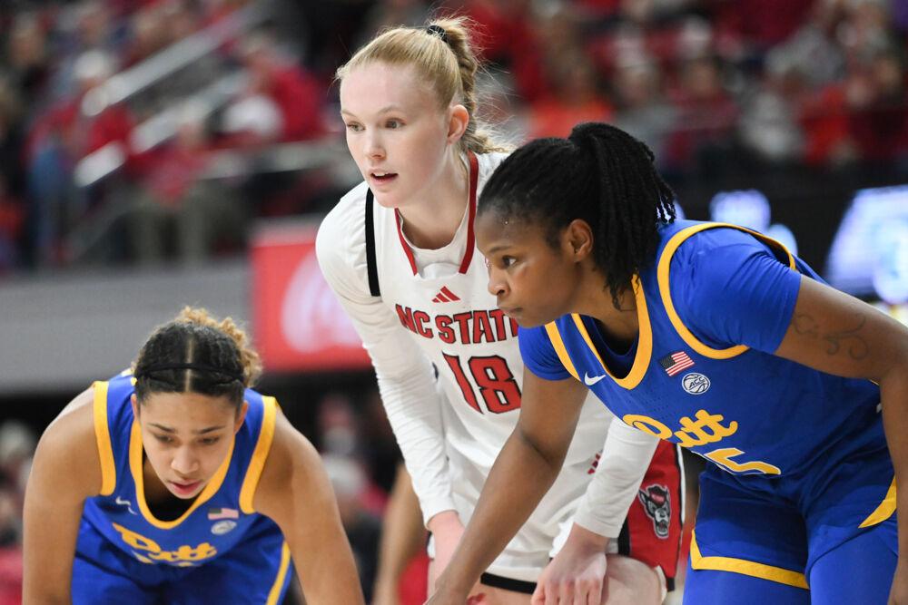 Freshman forward Tilda Trygger prepares to play defense during the game against Pitt in Reynolds Coliseum on Thursday, Jan. 16, 2025. Trygger had one rebound and scored four points. The Wolfpack beat the Panthers 83-67.