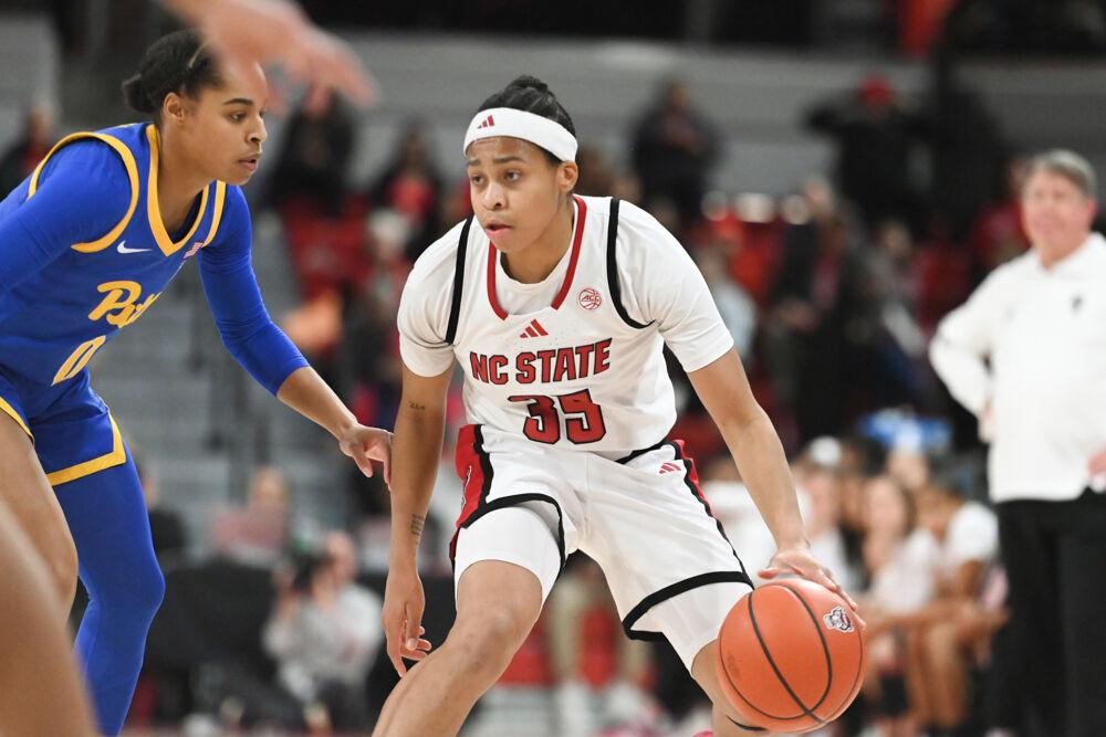 Sophomore guard Zoe Brooks defends the ball during the match against Pitt in Reynolds Coliseum on Thursday, Jan. 16, 2025. Brooks had six rebounds and scored 14 points. The Wolfpack beat the Panthers 83-67.