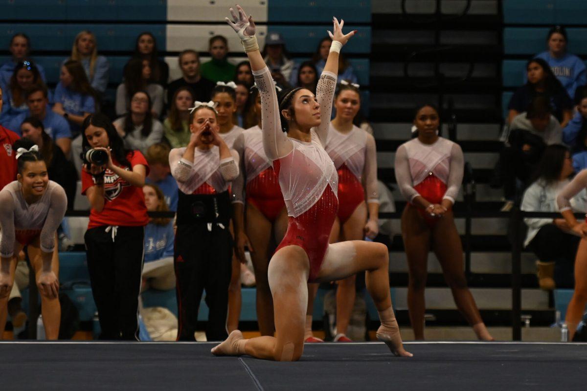 Junior Meg Adler performs her floor routine during the meet against UNC-Chapel Hill at Carmichael Arena on Friday, Jan. 24, 2025. Adler scored a 9.850 average on her floor routine. NC State beat UNC 196.350-195.925.