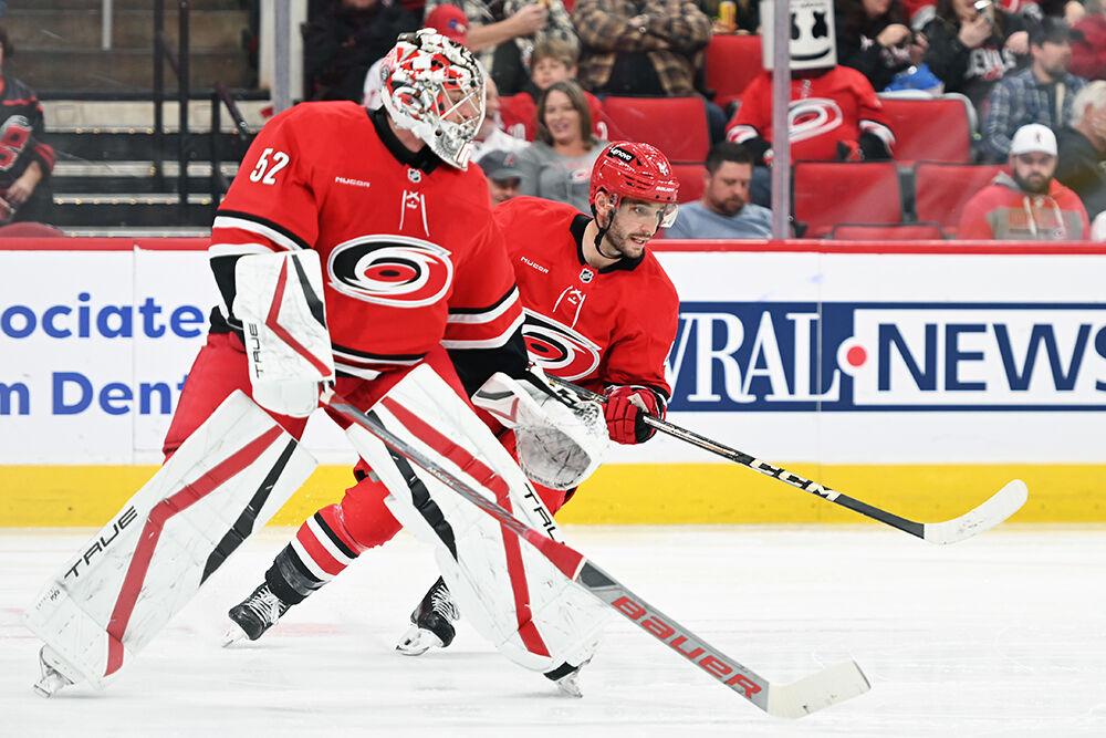 Defenseman Shayne Gostisbehere watches the puck during the Hurricanes game against&#160;the New Jersey Devils at Lenovo Center on Tuesday, Oct. 15, 2024. Gostisbehere scored one goal for the Hurricanes. The Hurricanes beat the Devils 4-2.&#160;