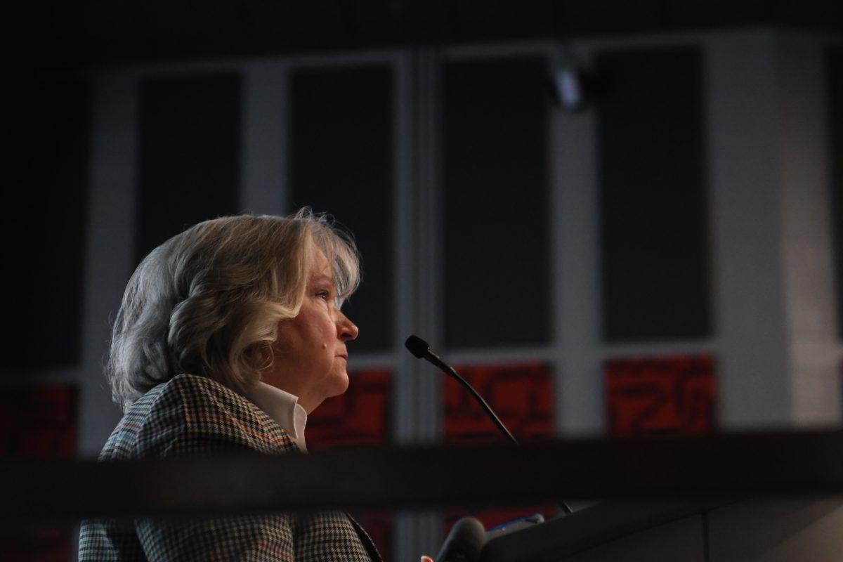 Sandy Alford, a guest speaker, gives an emotional speech at the CCAEJ's PCB teach-in at Witherspoon Student Center on Thursday, Jan. 30, 2025. Alford testified about her experiences with PCBs at Poe Hall.