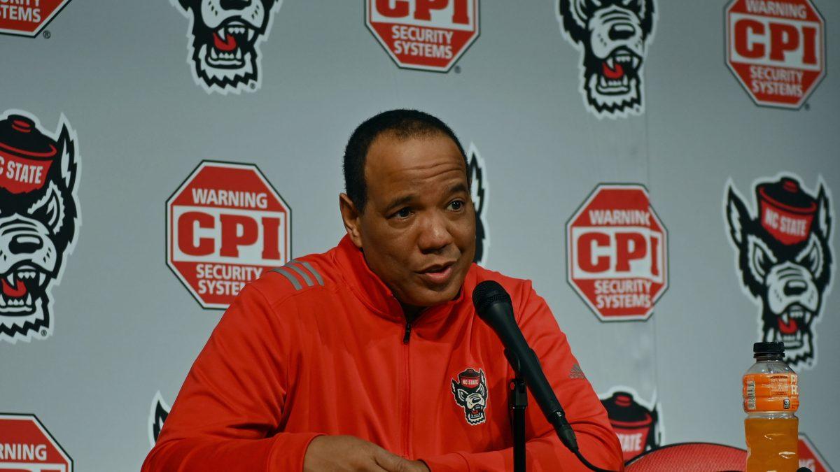 NC State head coach responds to an interviewer after their game against UNC-Chapel Hill at the Lenovo Center on Saturday, Jan. 11, 2025. Throughout the game, there were 11 lead changes and eight times when the teams were tied. NC State lost against UNC-Chapel Hill 63-61.
