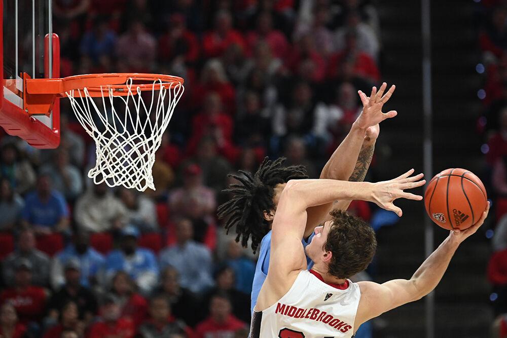 Junior forward Ben Middlebrooks goes up for a shot at the rim during the Wolfpack's home game against the UNC-Chapel Hill Tar Heels in PNC Arena on Wednesday, Jan. 10, 2024. The Tar Heels beat the Pack 67-54.