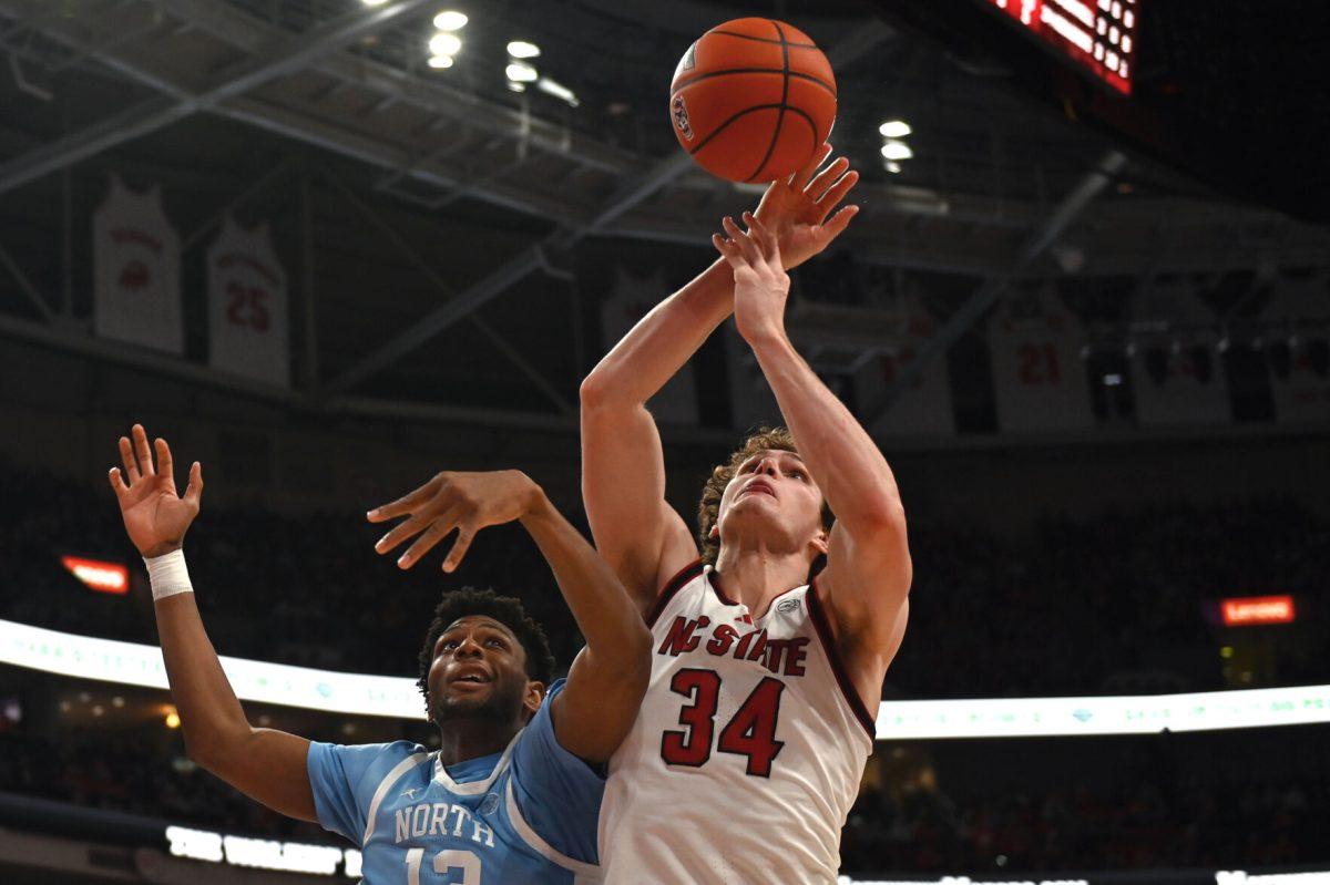 Senior forward Ben Middlebrooks intercepts a rebound during the game against UNC-Chapel Hill on Saturday, Jan. 11, 2025. Middlebrooks scored a total of five points during the game. The Wolfpack was defeated by the Tar Heels 63-61.